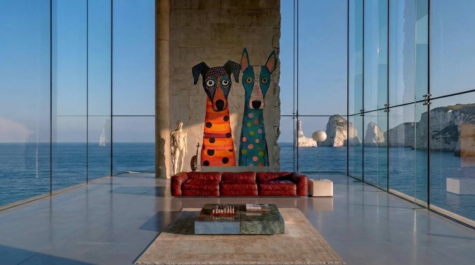 Villa: Pop art dogs on travertine stone