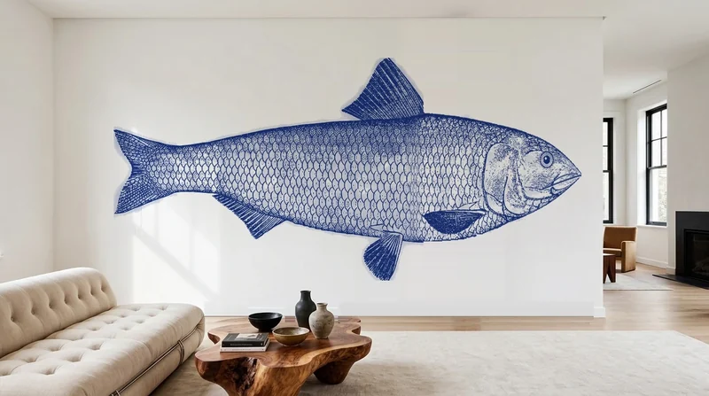 Penthouse: Blue engraved fish on brick