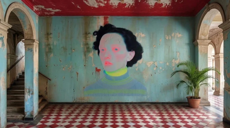 Foyer: Coral portrait on turquoise plaster