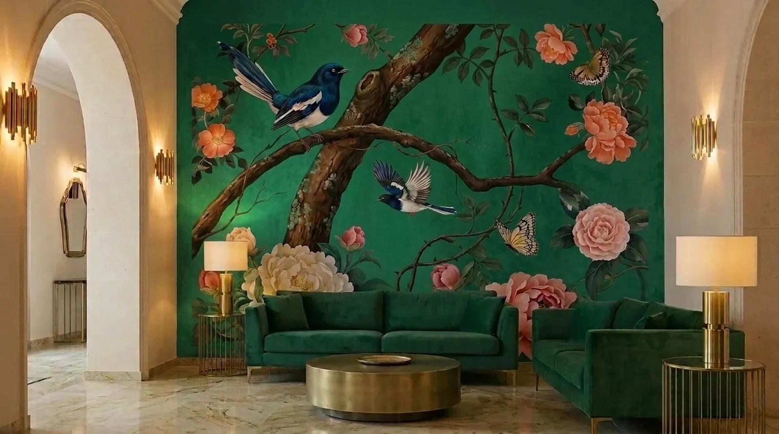 Lobby: Magpies and peonies