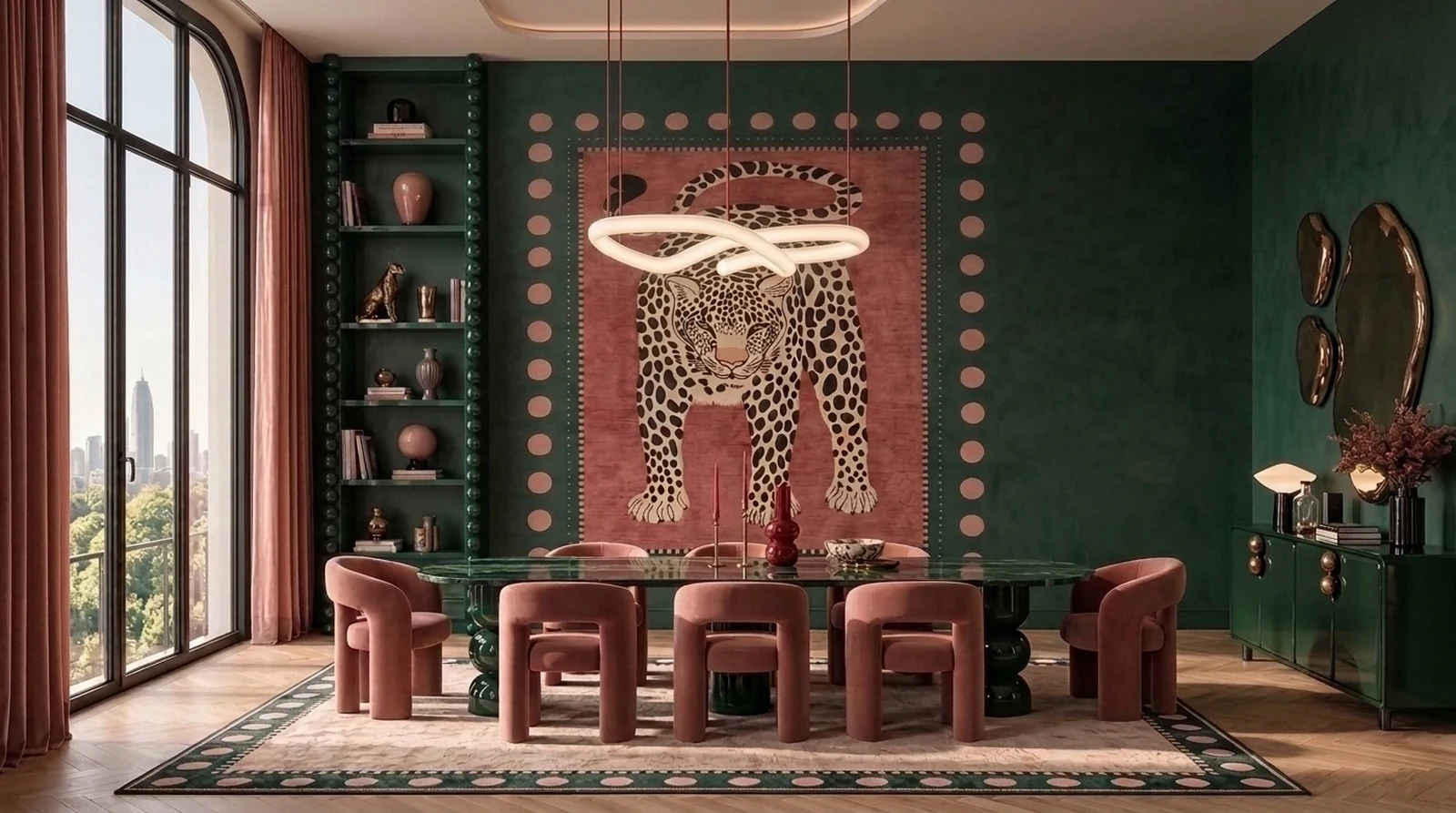 Dining room: Leopard and palms on emerald