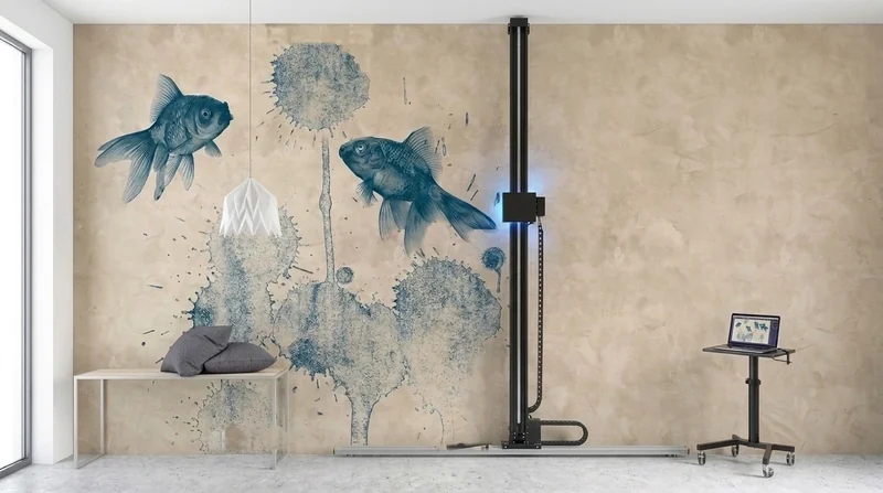 Live print: Printing blue goldfish on plaster