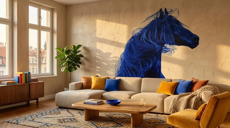 Living room: Blue horse on white brick