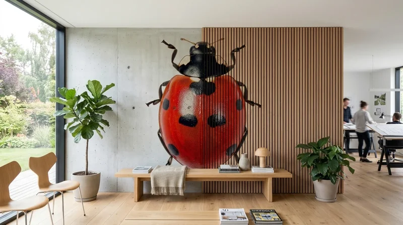 Office: Red ladybug on concrete and oak