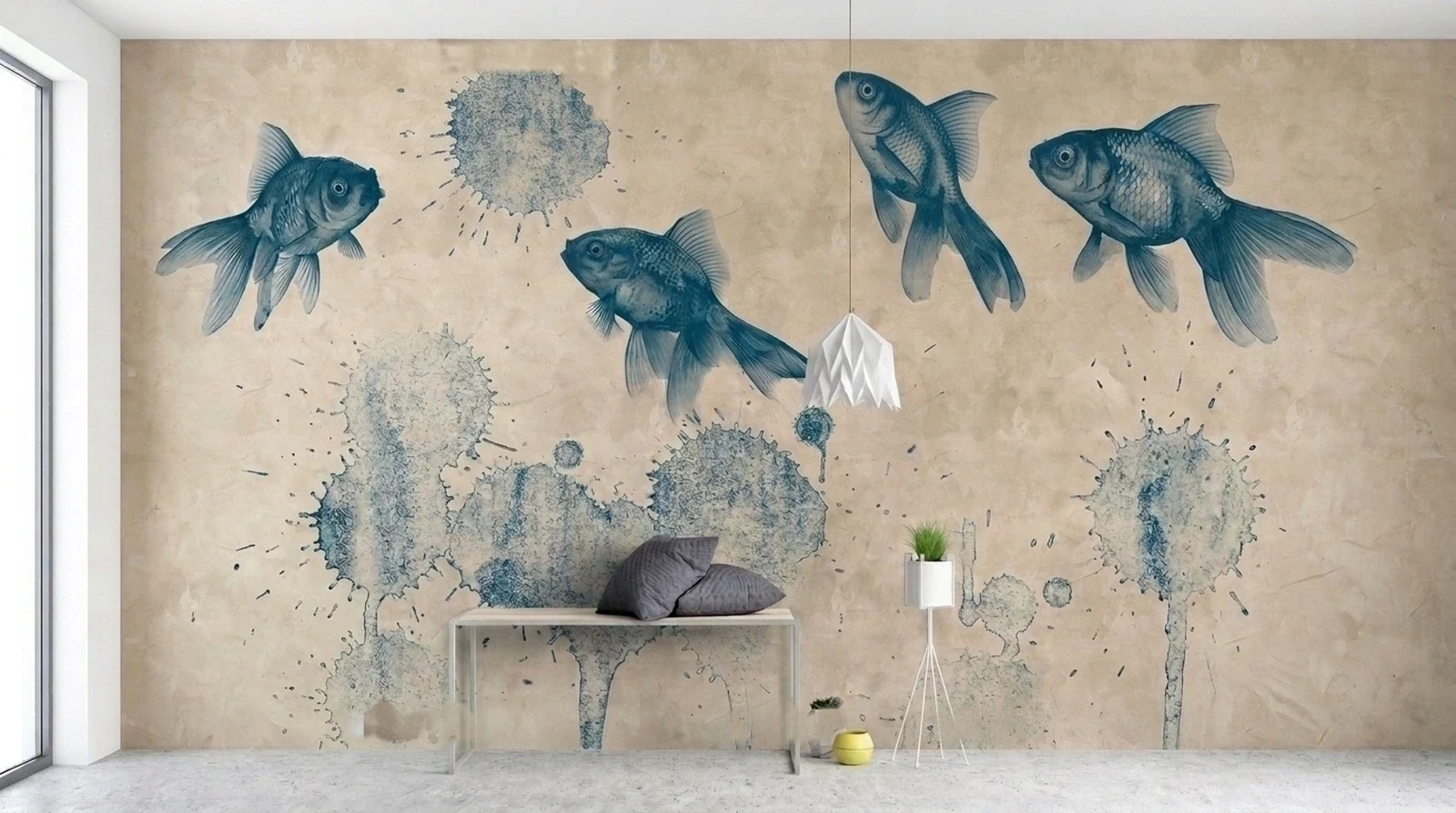 Salon: Prussian blue goldfish on plaster