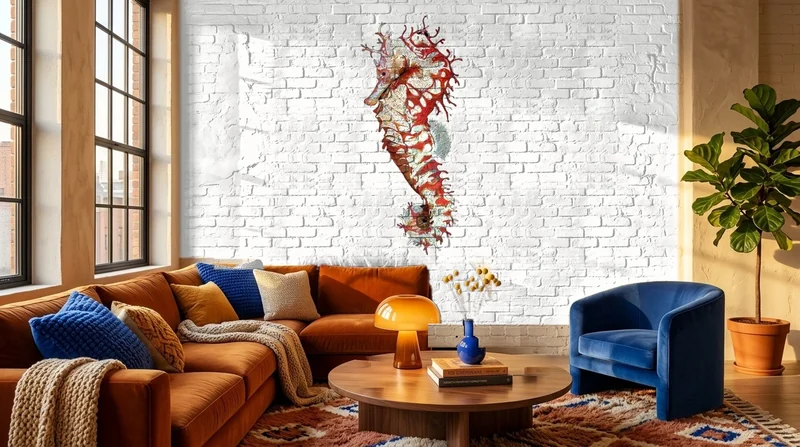 Lounge: Red seahorse on white brick