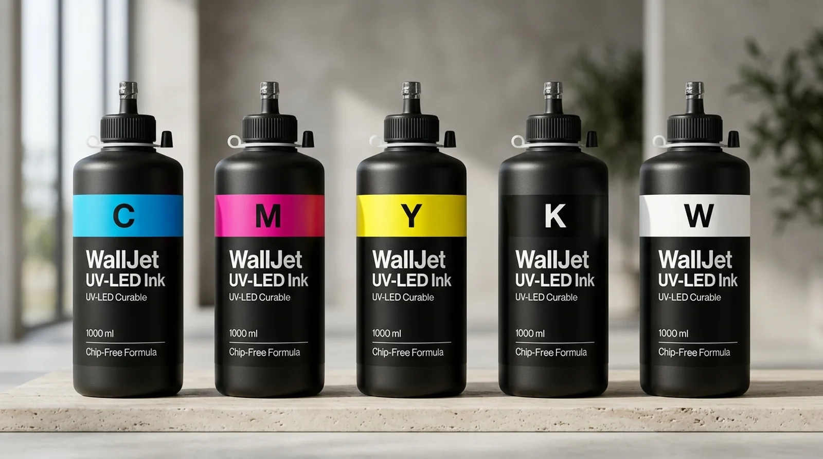 UV-LED ink set CMYK+W (5 litres, chip-free)