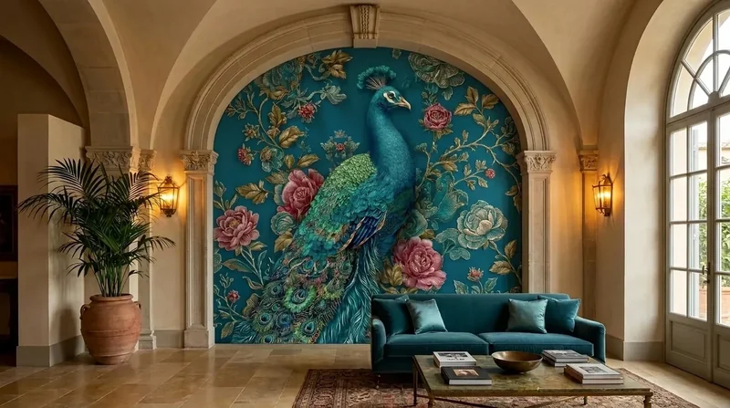 Lobby: Peacock and peonies