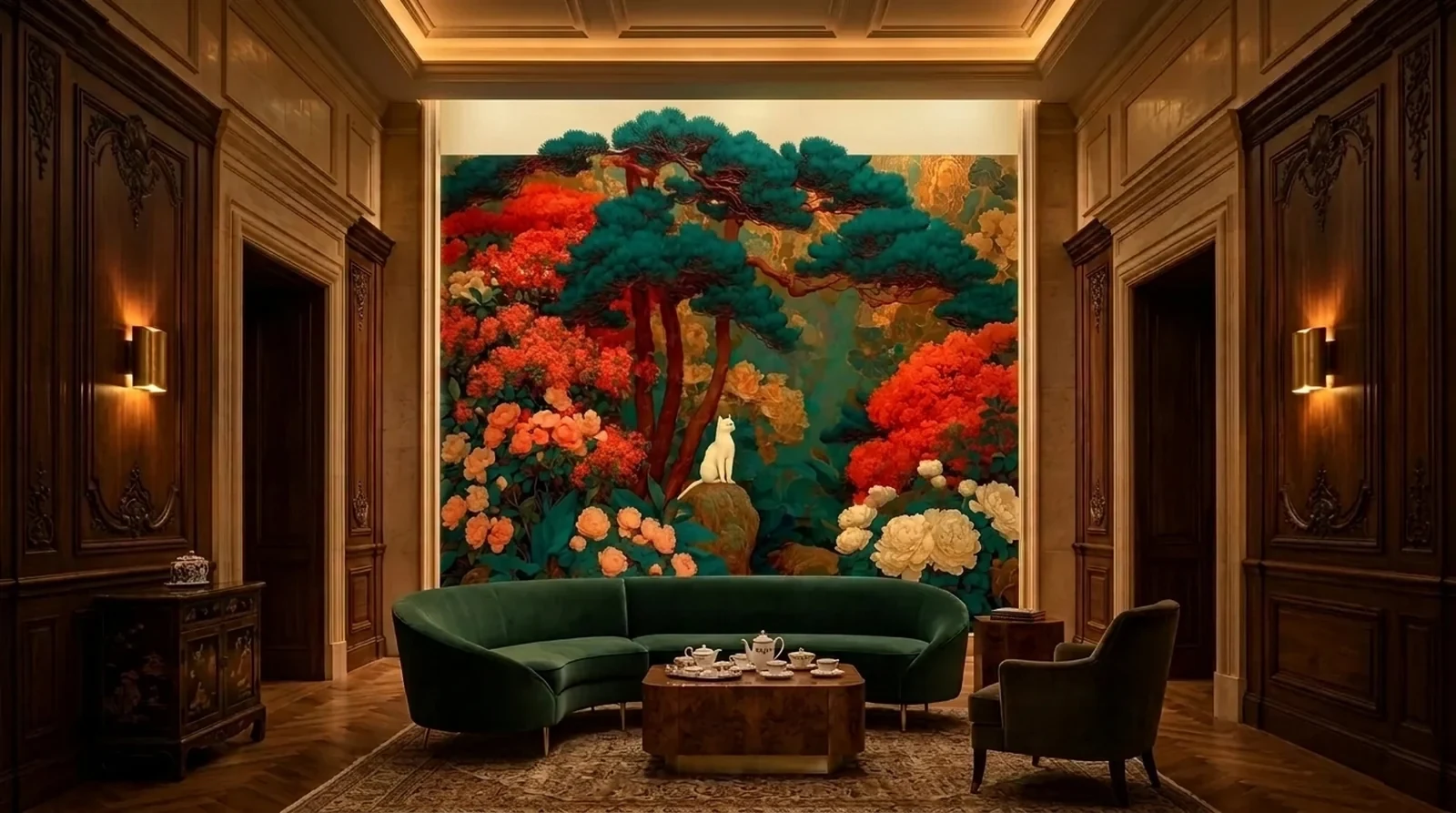 Finished mural: a white cat under a pine in a hotel salon