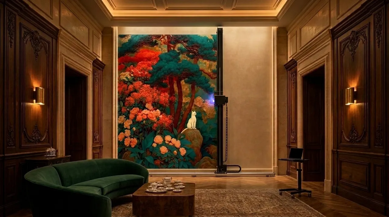 WallJet printer mid-print on a hotel salon wall